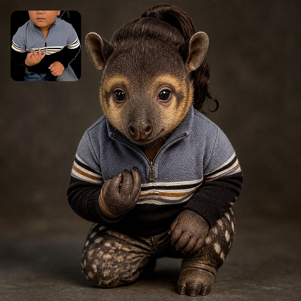 A serious-looking little fashion boss stares into the camera while kneeling against a dramatic black background, dressed in a striped sweater, jeans, sneakers, and a very determined expression—as if negotiating snack prices.