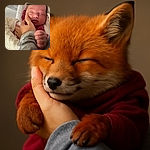 A peaceful newborn baby is gently cradled, with a hand softly pinching the baby's cheek, wrapped in cozy blankets and dressed in warm clothing, creating a heartwarming and tender moment.