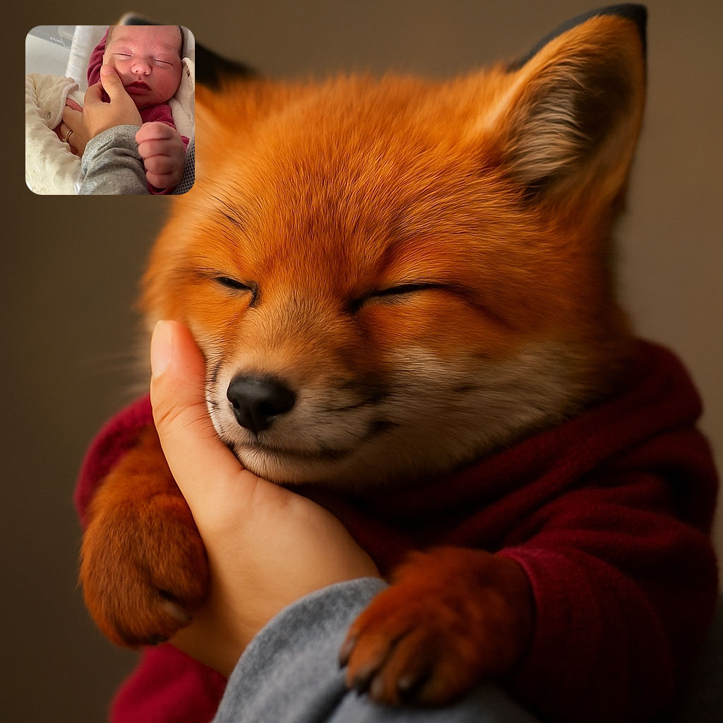 A peaceful newborn baby is gently cradled, with a hand softly pinching the baby's cheek, wrapped in cozy blankets and dressed in warm clothing, creating a heartwarming and tender moment.