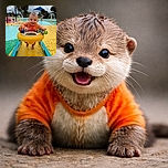 A cheerful baby in an orange swimsuit is having a splashy adventure in a colorful water play area, gripping a bright yellow and blue walker toy, with water fountains and playful kids in the background under a cloudy sky.