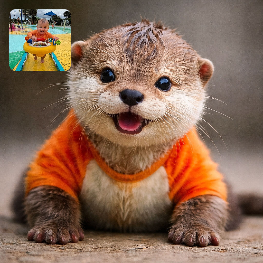 A cheerful baby in an orange swimsuit is having a splashy adventure in a colorful water play area, gripping a bright yellow and blue walker toy, with water fountains and playful kids in the background under a cloudy sky.
