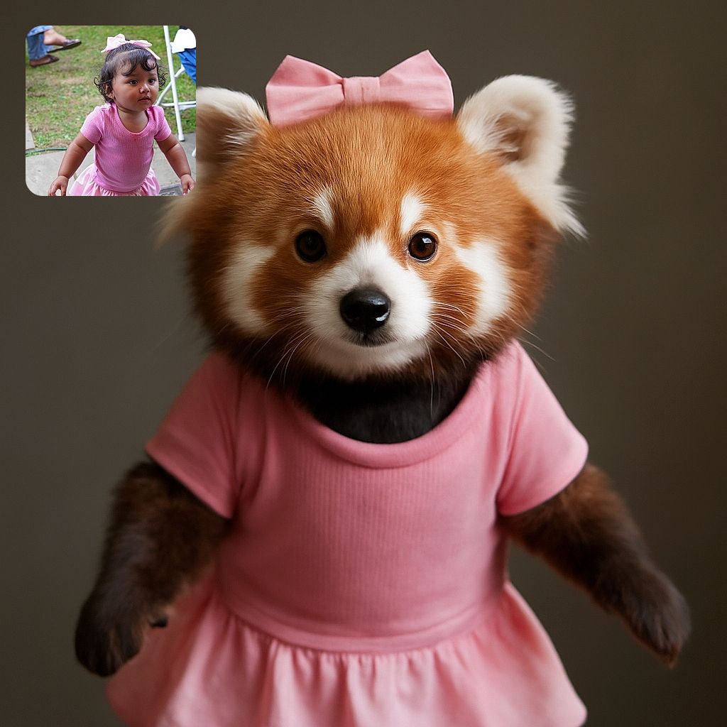 A curious toddler in a pink outfit and matching bow explores the outdoors with wide eyes and tiny hands ready to discover the world, while adults sit casually in the blurred background.