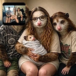 Three people sitting on a couch in a cozy room with a window behind them. A young boy, a woman holding a baby wrapped in a blanket, and another woman are all smiling gently at the camera. The scene feels warm and familial, with casual clothing and a relaxed atmosphere.
