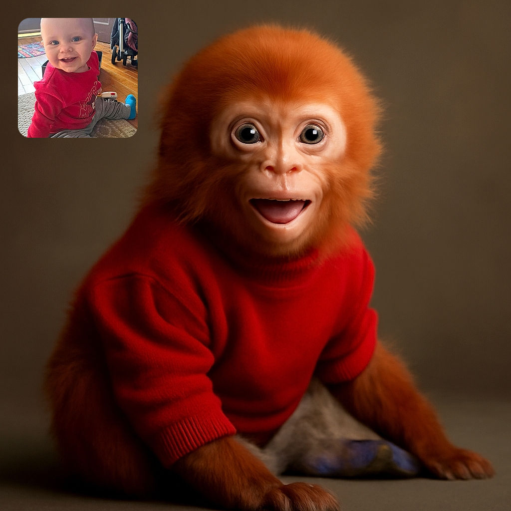 A cheerful baby with sparkling blue eyes and a toothy grin is sitting on a cozy rug, dressed in a bright red sweater and gray pants, holding a toy remote, with a stroller and colorful rug in the background adding a casual home vibe.