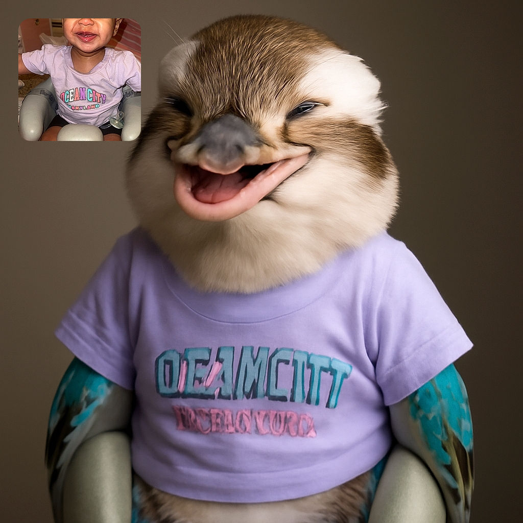 A joyful toddler with a scrunched-up smile is sitting comfortably in a baby seat, wearing a colorful Ocean City Maryland t-shirt, radiating pure happiness and mischief.