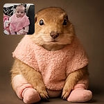 A cute baby bundled up in cozy pink clothes and a fluffy pink poncho, sitting comfortably on a couch with patterned pillows in the background, flashing an adorable little smile that could melt anyone's heart.