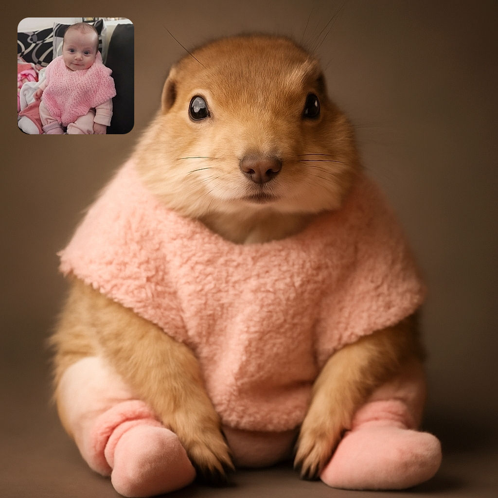 A cute baby bundled up in cozy pink clothes and a fluffy pink poncho, sitting comfortably on a couch with patterned pillows in the background, flashing an adorable little smile that could melt anyone's heart.