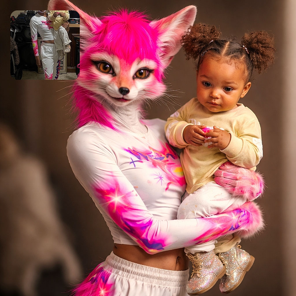 A stylish adult with neon-pink hair strikes a pose while balancing an utterly absorbed toddler who inspects a tiny toy — glitter boots, colorful tracksuit, and a face mask dangling from the adult's chin complete the scene. The living-room backdrop shows framed photos, a large speaker, a stroller, and a TV, making it feel like runway-meets-playdate.