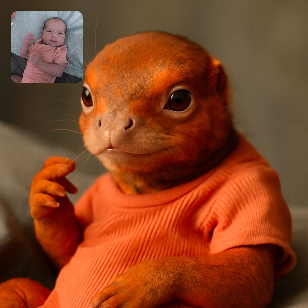 A sleepy baby in a peach-colored onesie lies on a bed with a light blue sheet, looking curiously at the camera with tiny hands in motion, capturing a candid moment of early life.