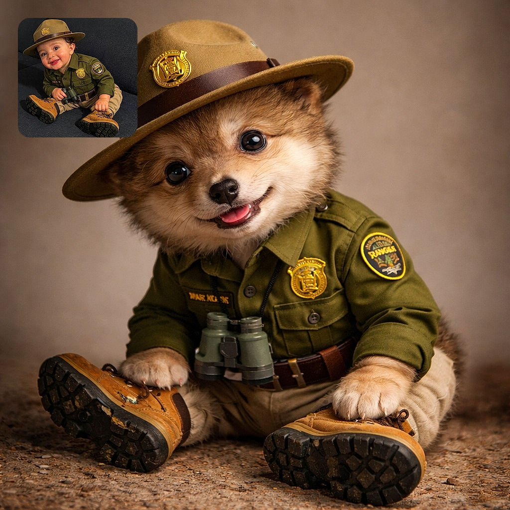 A charming toddler dressed as a forest ranger sits on a dark couch, flashing a cheeky smile while clutching toy binoculars, ready to explore the wild indoors.