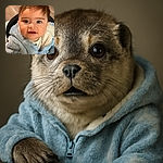 An adorable baby with sparkling blue eyes and a fuzzy light blue jacket looks curiously at the camera, cheeks rosy and mouth slightly open, framed by soft indoor lighting and a blurred wooden floor background.