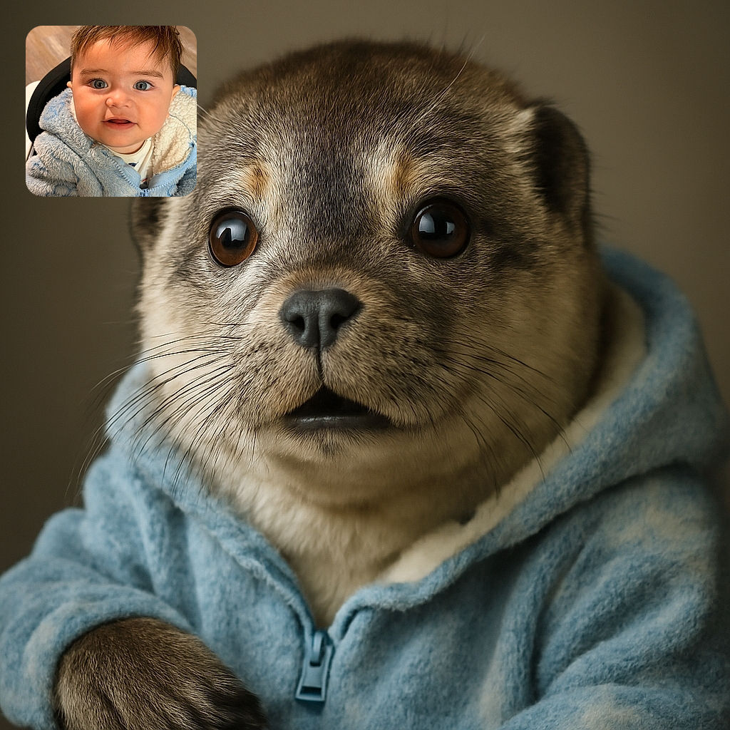 An adorable baby with sparkling blue eyes and a fuzzy light blue jacket looks curiously at the camera, cheeks rosy and mouth slightly open, framed by soft indoor lighting and a blurred wooden floor background.