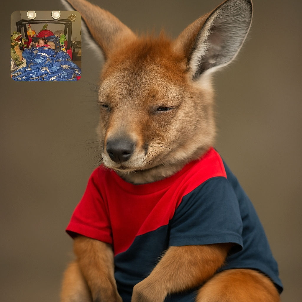 A cozy bedtime scene where a smiling child snuggles under a dinosaur-themed blue blanket with a cat perched on their shoulder, surrounded by various dinosaur toys and plush animals, all framed by a playful bed structure with large round lights.