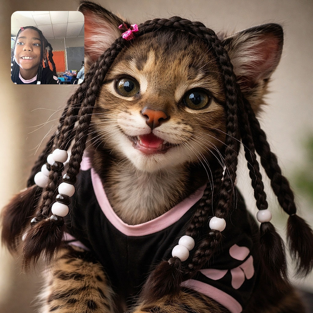 A cheerful young girl with braided hair adorned with white beads smiles brightly close to the camera in a lively classroom, while another child is seen in the background near a bulletin board and various colorful classroom materials.