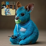 A curious toddler in blue pajamas sits cross-legged on a tiled floor, pacifier in mouth, holding a pair of glasses and a small object, surrounded by cozy home furniture and a slightly cluttered background.