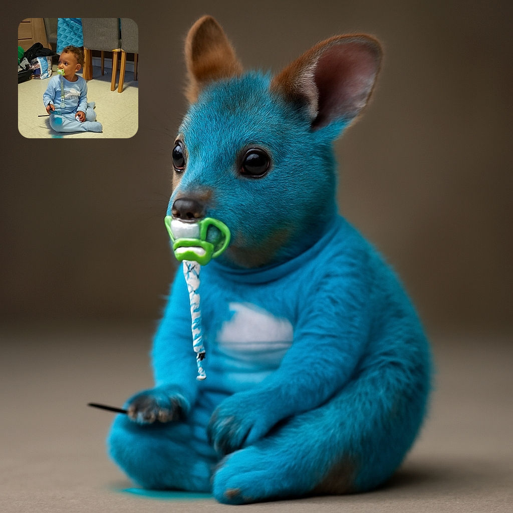 A curious toddler in blue pajamas sits cross-legged on a tiled floor, pacifier in mouth, holding a pair of glasses and a small object, surrounded by cozy home furniture and a slightly cluttered background.