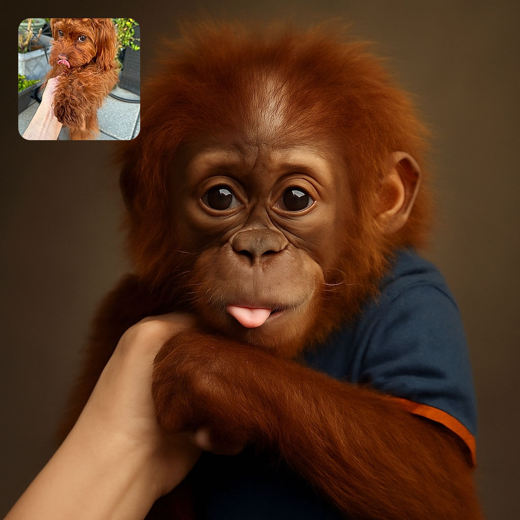 A fluffy brown dog with curly fur is caught mid-lick, its tongue playfully curled out. The dog is being held by a person whose arm is visible, set against a backdrop of potted plants and outdoor tiles, giving a cozy garden vibe.