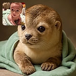 A curious baby wrapped in a soft green towel, lying on a patterned cushion with woodland creatures, eyes wide open as if discovering the world for the first time. In the background, a shirtless adult and a TV add a casual home vibe.