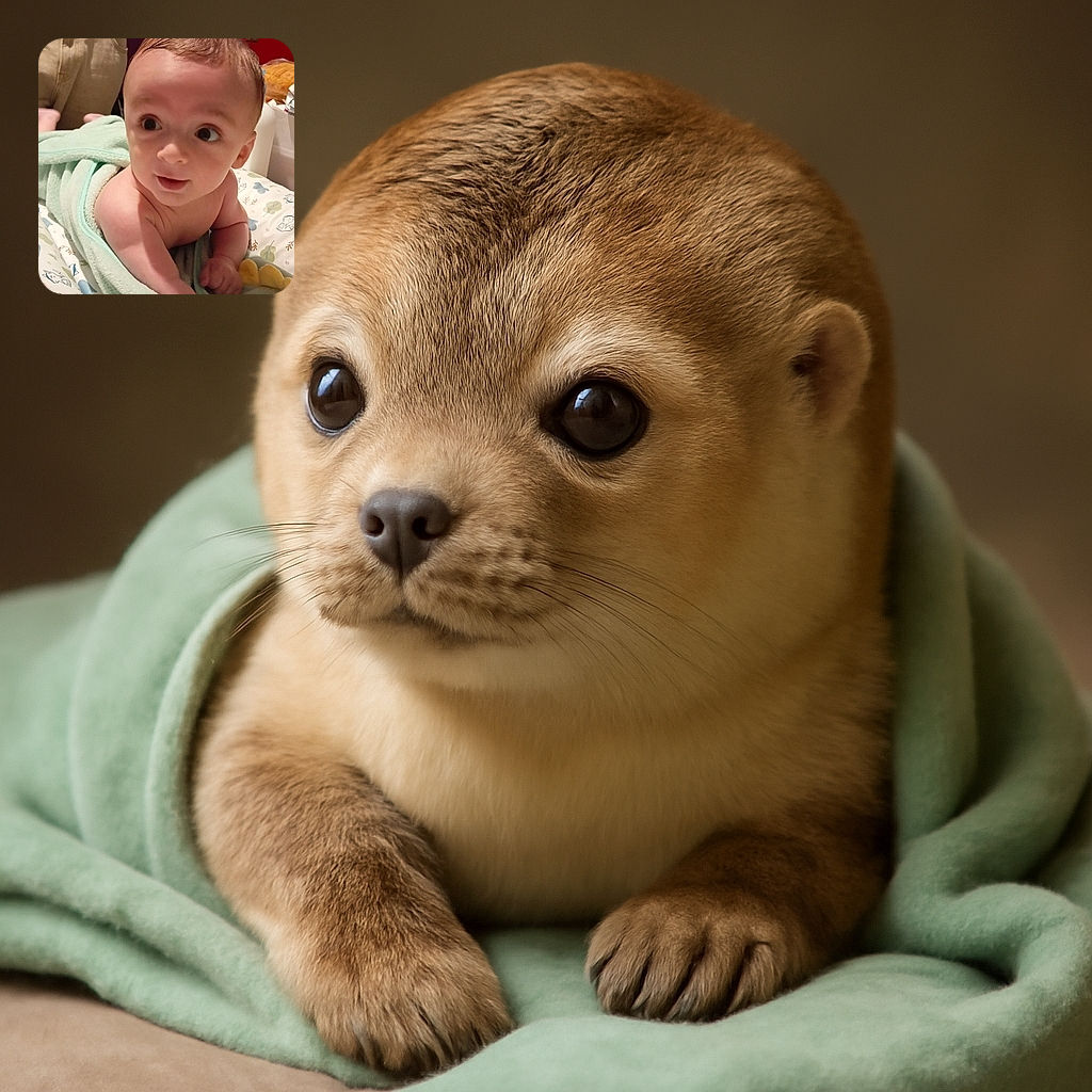 A curious baby wrapped in a soft green towel, lying on a patterned cushion with woodland creatures, eyes wide open as if discovering the world for the first time. In the background, a shirtless adult and a TV add a casual home vibe.