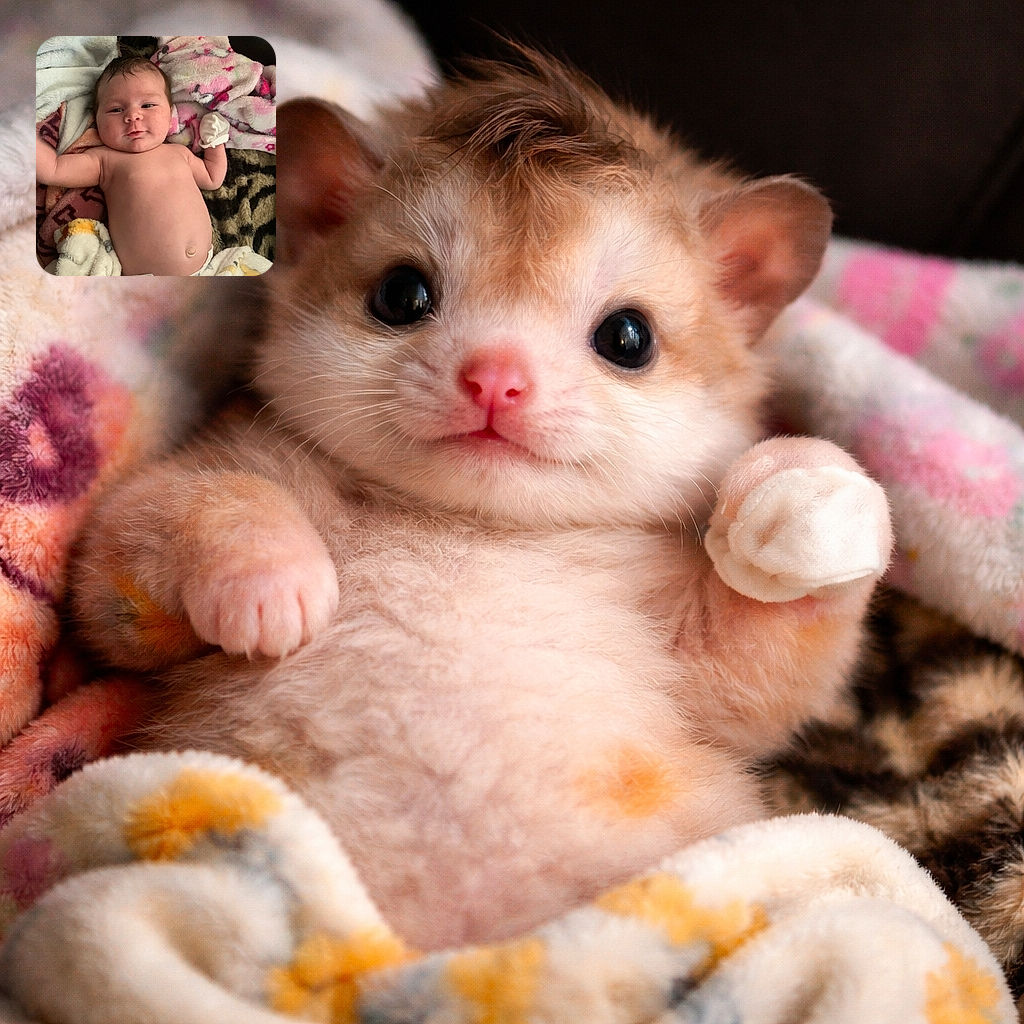 A cute baby lying on colorful blankets, wearing a white mitten on one hand and looking calmly at the camera with a slight smile, surrounded by soft textures and warm tones.