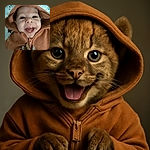 A delighted baby wearing a cozy brown hooded jacket beams a toothy smile, with a hand sporting fancy manicured nails gently holding the zipper, all set against a playful star-patterned background.