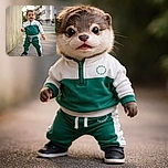 A cheerful toddler confidently takes on the urban jungle, dressed in a sporty green and white tracksuit, with a curious smile and tiny hands ready to explore the world.