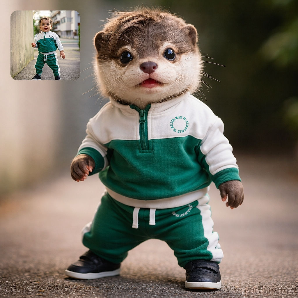 A cheerful toddler confidently takes on the urban jungle, dressed in a sporty green and white tracksuit, with a curious smile and tiny hands ready to explore the world.