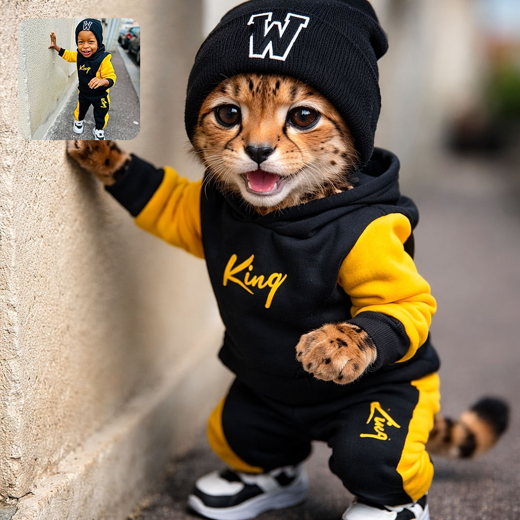 A cheerful little kid in a black beanie and matching yellow-and-black tracksuit grins at the camera while steadying themselves against a textured wall — looks like they own the sidewalk runway and the word 'King' on the hoodie is not arguing. Bright colors, shallow depth of field, and an infectious smile make this a joyful street-portrait snapshot.