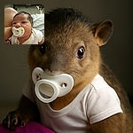 A close-up photo of a newborn baby with a pacifier, cradled gently on someone's lap, with a soft indoor background featuring a baby crib and light wooden floor.