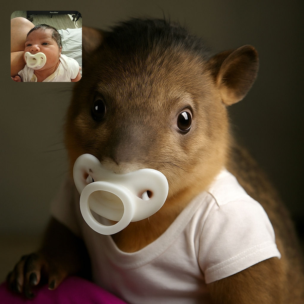 A close-up photo of a newborn baby with a pacifier, cradled gently on someone's lap, with a soft indoor background featuring a baby crib and light wooden floor.