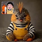 A joyful baby wearing a black beanie and yellow overalls smiles widely while cuddling a knitted orange fox toy, lying on a soft gray furry blanket.