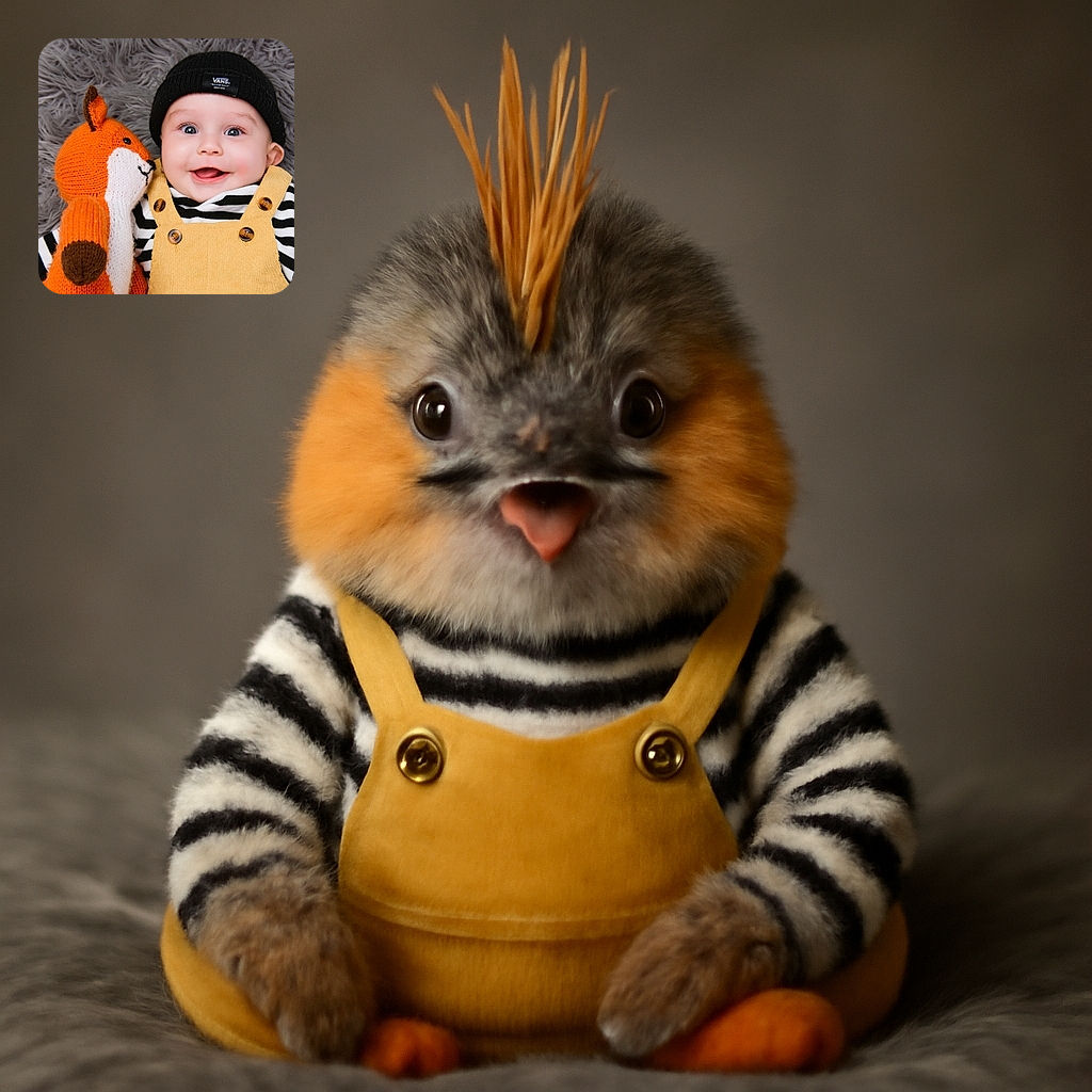 A joyful baby wearing a black beanie and yellow overalls smiles widely while cuddling a knitted orange fox toy, lying on a soft gray furry blanket.