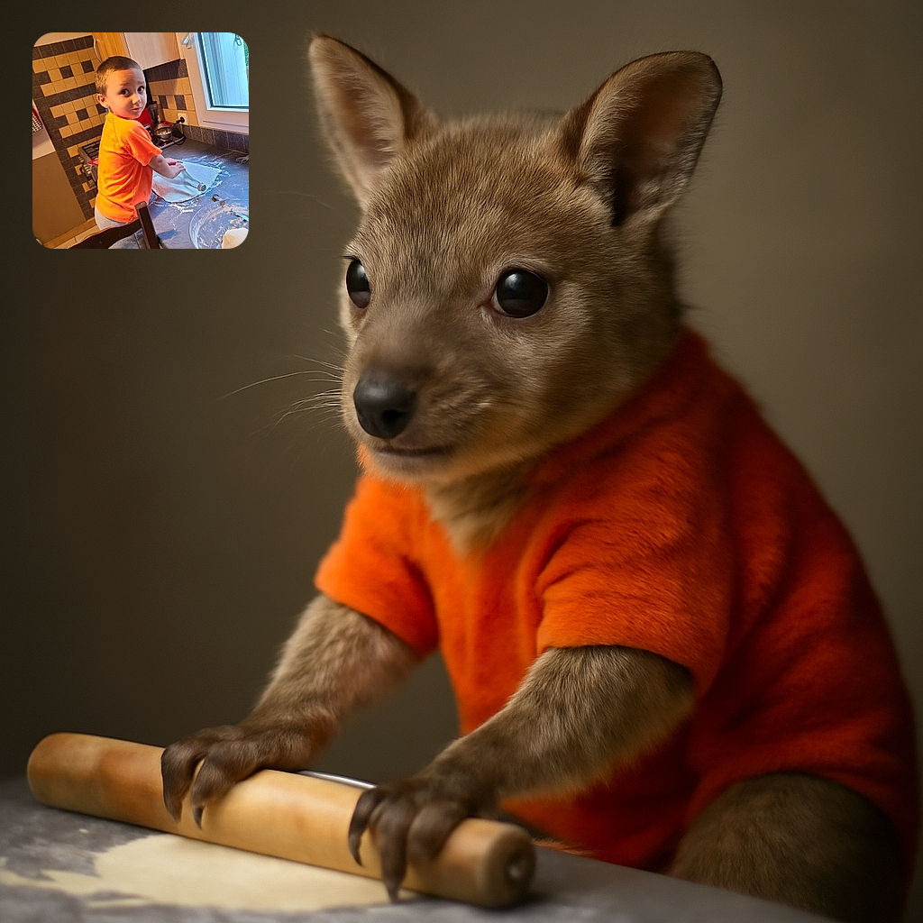 A curious young child in an orange shirt is caught mid-baking, rolling out dough with a bottle in a cozy kitchen, glancing back with a mix of concentration and surprise as if wondering if they're about to create a masterpiece or a mess.