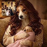 A very polished, regal living-room scene where a well-dressed couple gently coos over a swaddled newborn — the baby clutching a soft toy while the adults exchange proud, sleepy smiles in front of a crackling fireplace and ornate portraits.