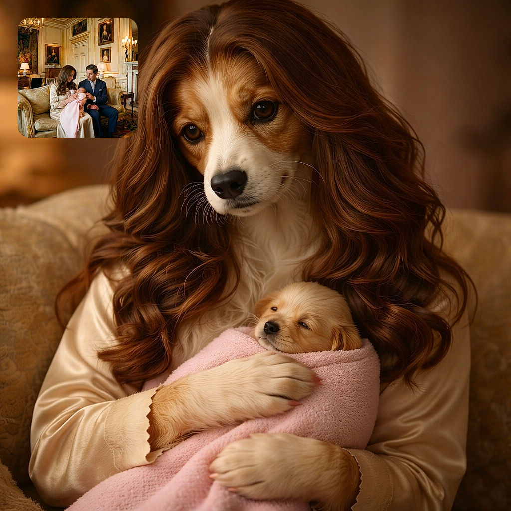 A very polished, regal living-room scene where a well-dressed couple gently coos over a swaddled newborn — the baby clutching a soft toy while the adults exchange proud, sleepy smiles in front of a crackling fireplace and ornate portraits.