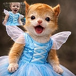 A joyful toddler in a blue fairy costume with delicate sheer wings is caught mid-laugh outdoors, surrounded by a natural backdrop of trees and a trampoline, radiating pure happiness and innocence.
