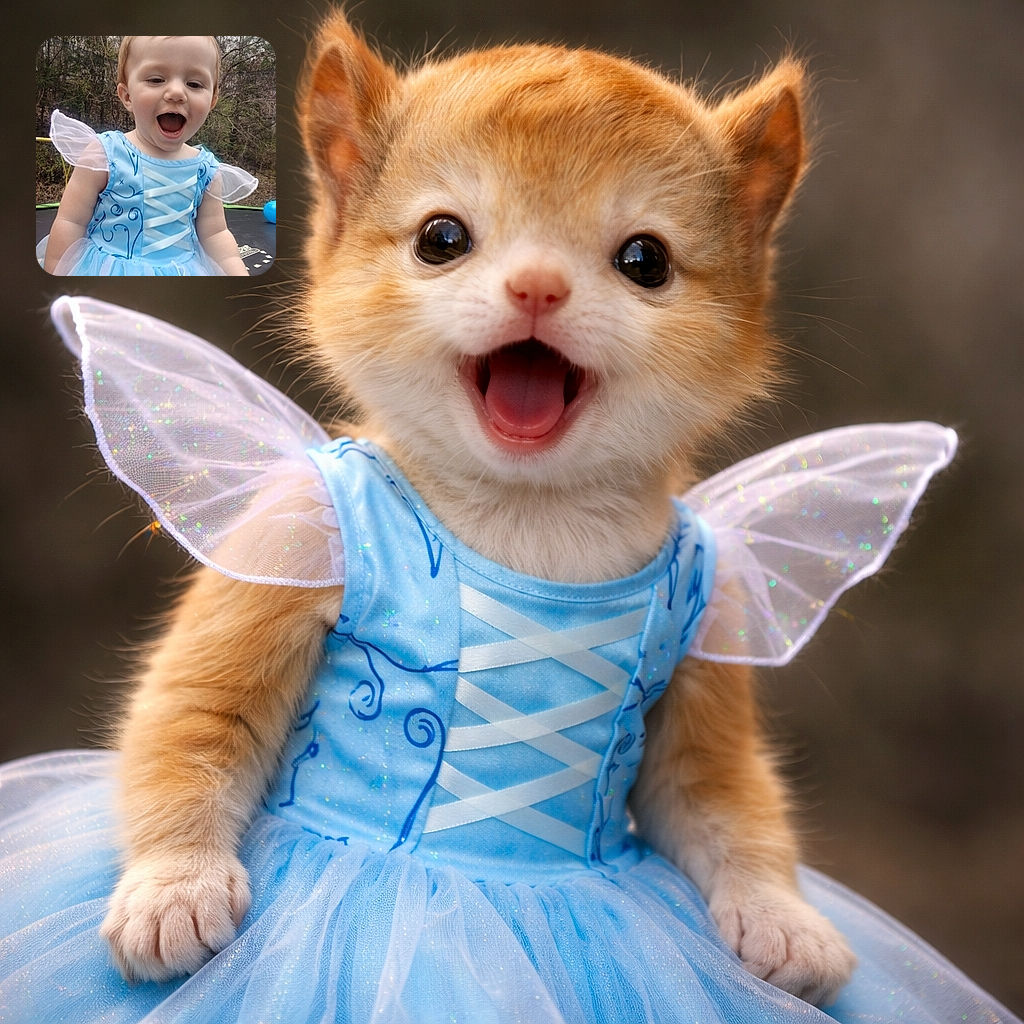 A joyful toddler in a blue fairy costume with delicate sheer wings is caught mid-laugh outdoors, surrounded by a natural backdrop of trees and a trampoline, radiating pure happiness and innocence.