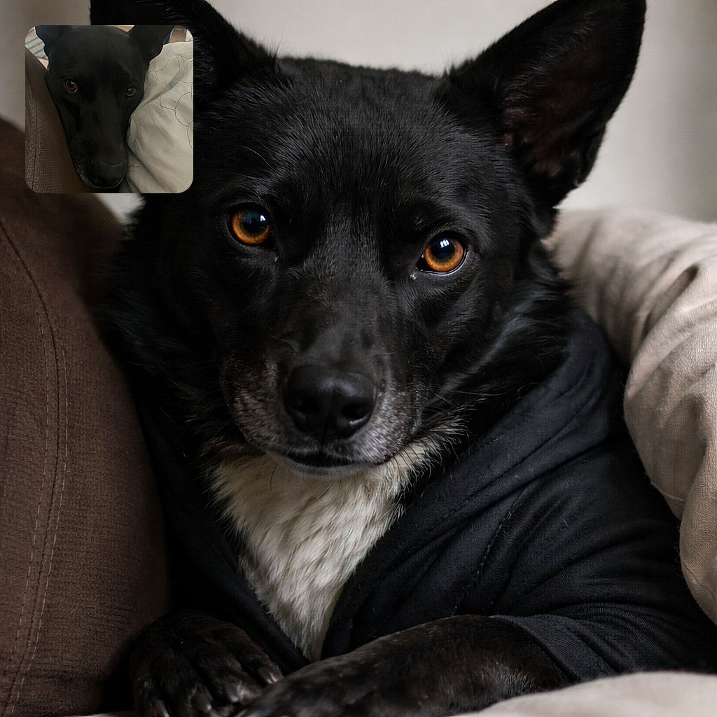 A close-up photo of a black dog with soulful brown eyes resting its head between a brown surface and a white pillow with subtle floral patterns, capturing a quiet and intimate moment.