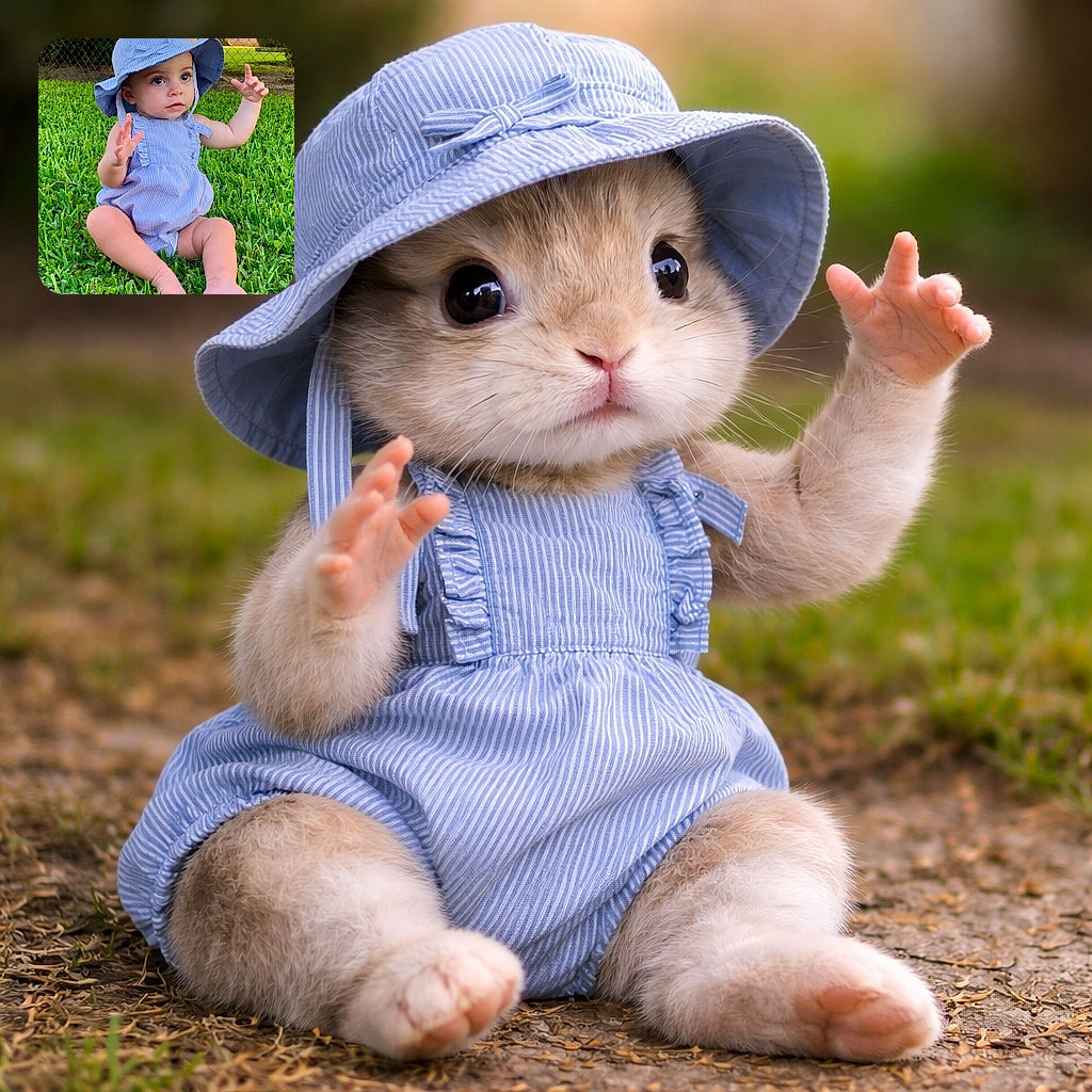 A curious baby in a blue striped romper and matching sunhat sits on lush green grass, reaching out with both hands as if trying to catch a butterfly or conduct a tiny orchestra in the backyard.