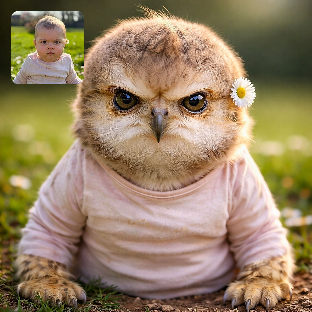 A tiny, very serious-faced baby sits in a sunlit meadow with a daisy tucked behind one ear, delivering what can only be described as supreme judgment. Soft bokeh trees and green grass blur into the background while the chubby-cheeked subject stares straight at the camera, pink shirt slightly smudged — equal parts adorable and hilariously unimpressed.