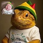 A cheerful baby wearing a colorful elf hat and a festive white onesie lounges comfortably on a textured sofa, flashing a gentle smile that could melt anyone's heart.