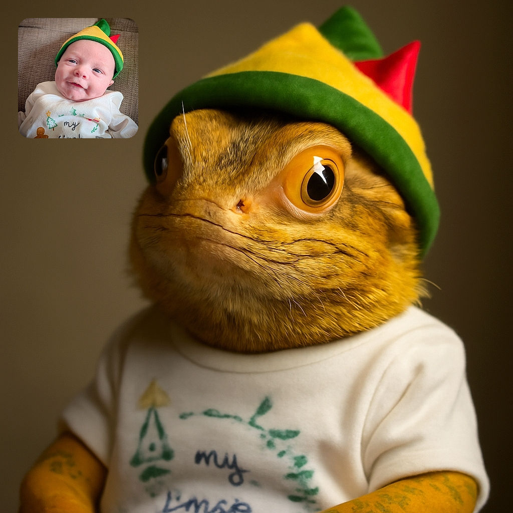 A cheerful baby wearing a colorful elf hat and a festive white onesie lounges comfortably on a textured sofa, flashing a gentle smile that could melt anyone's heart.