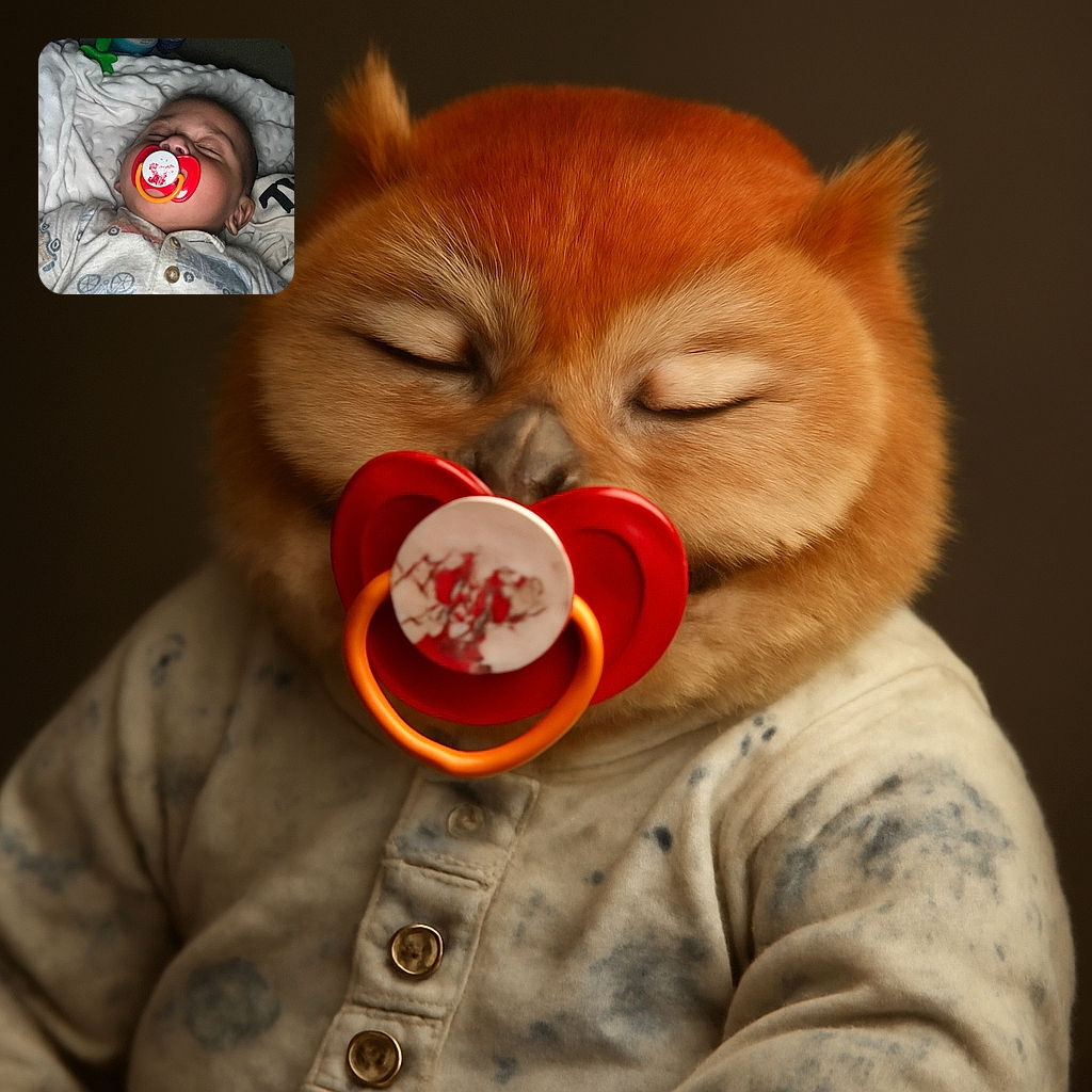 A peaceful baby is sound asleep with a bright red pacifier in their mouth, cozy in a soft white blanket and wearing a cute onesie decorated with bicycles and trucks. A bottle and a green toy are visible in the background, adding to the bedtime vibe.