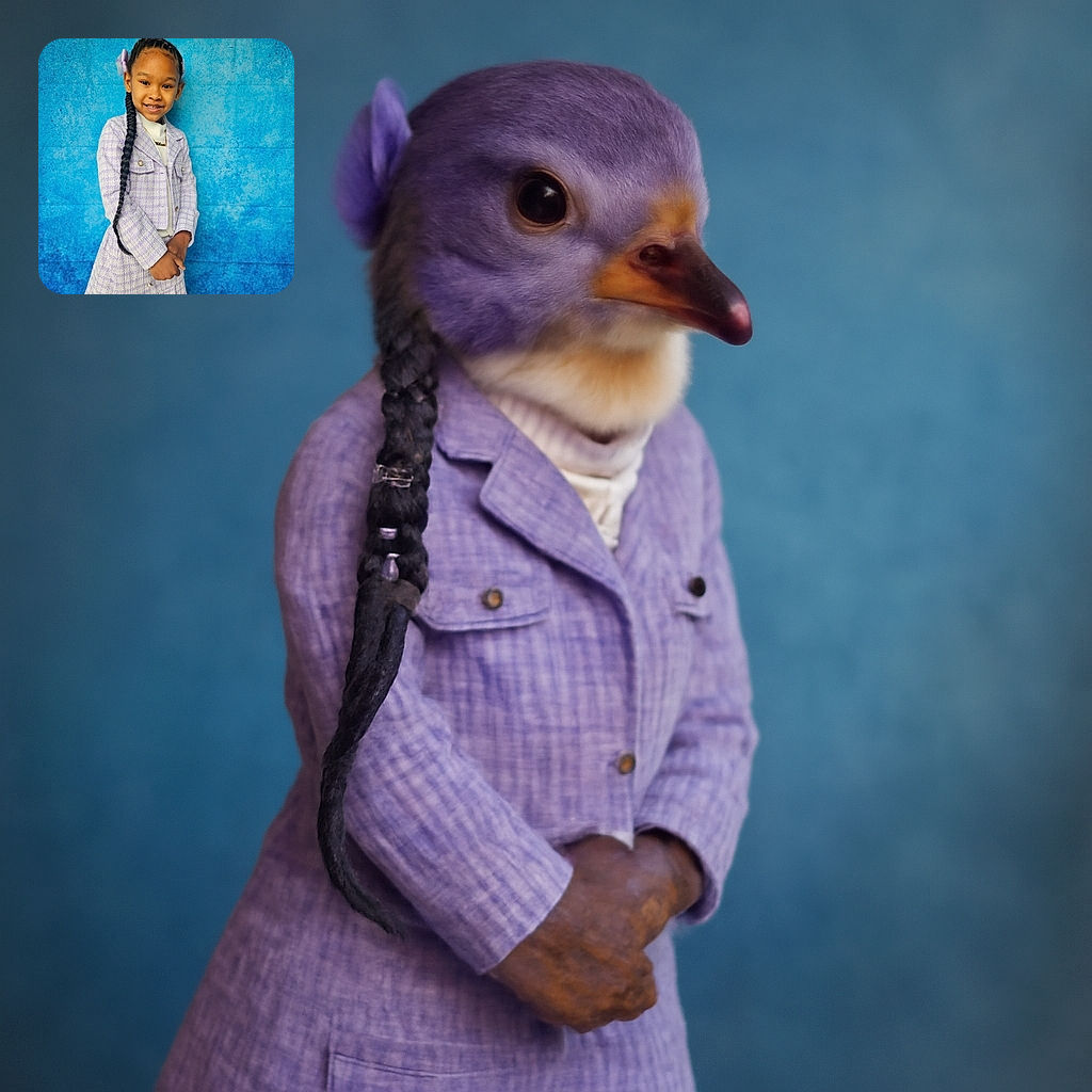 A charming young girl with a long braided hairstyle poses confidently against a vibrant blue textured backdrop, dressed in a stylish lilac checkered outfit that matches her poised smile and sparkling eyes.