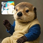 A slightly blurry photo of a baby lying in a cozy blue and white cushioned seat, surrounded by a pile of clothes and blankets in the background, giving a casual and homey vibe.