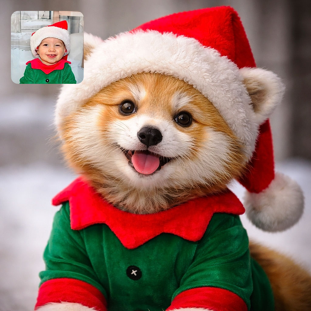 A gleeful toddler in a floppy Santa hat and elf-green outfit flashes a toothy grin with tongue peeking out — looks ready to audition for the official cookie-taster position.