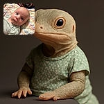 A close-up of an adorable baby lying on a soft, colorful knitted blanket, gazing curiously at the camera with wide eyes and a calm expression, dressed in a delicate patterned outfit.