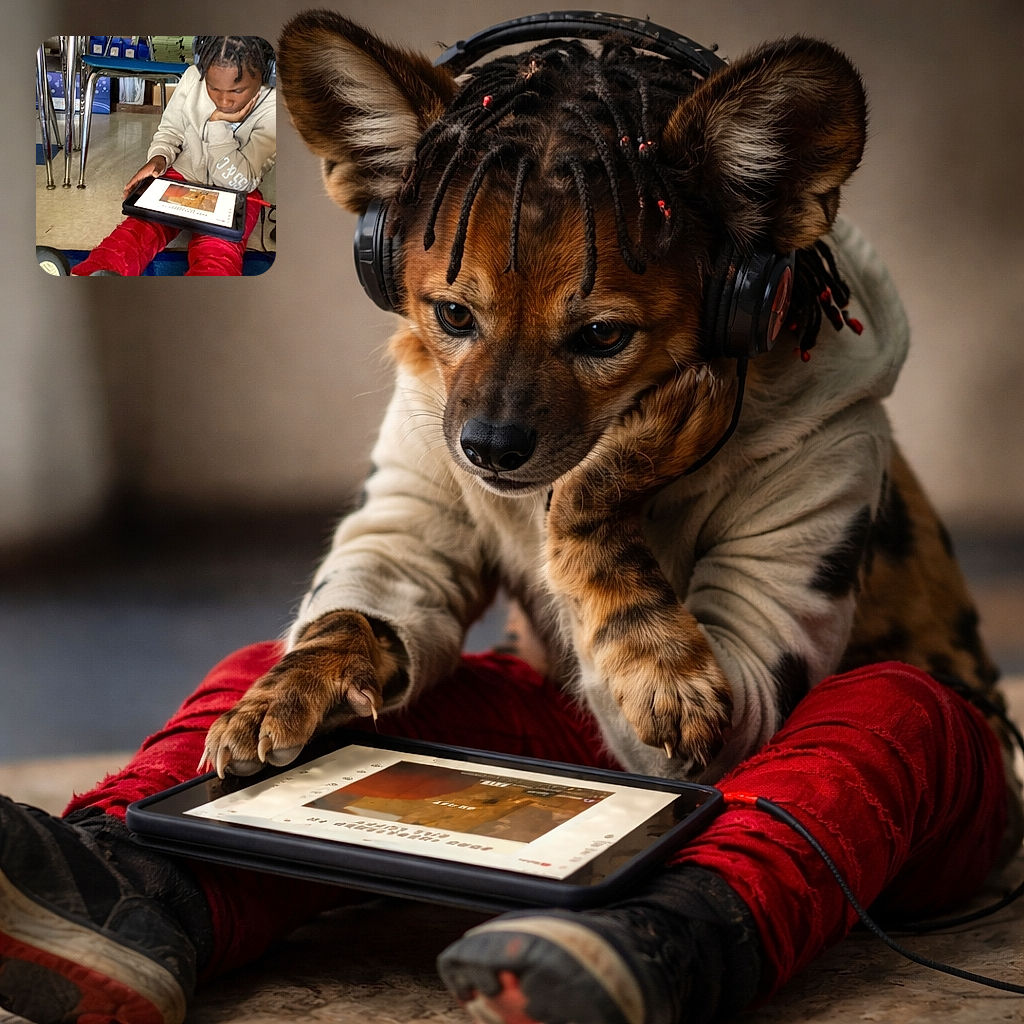 A focused child wearing headphones is sitting on the floor, intently watching a tablet screen. The child is dressed in a beige hoodie and bright red pants, surrounded by classroom chairs and shelves filled with supplies, creating a cozy learning environment.
