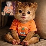 A cheerful toddler wearing an orange t-shirt with a playful skateboarding orange graphic sits cross-legged on a green couch, flashing a happy smile with tiny teeth, surrounded by cozy blankets and a warm, homely background.