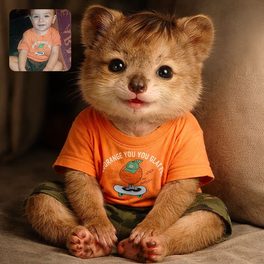 A cheerful toddler wearing an orange t-shirt with a playful skateboarding orange graphic sits cross-legged on a green couch, flashing a happy smile with tiny teeth, surrounded by cozy blankets and a warm, homely background.
